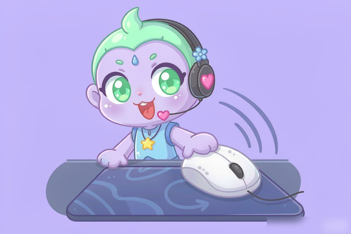 Cute chibi character sliding a computer mouse across a mousepad — one full 360 degree turn