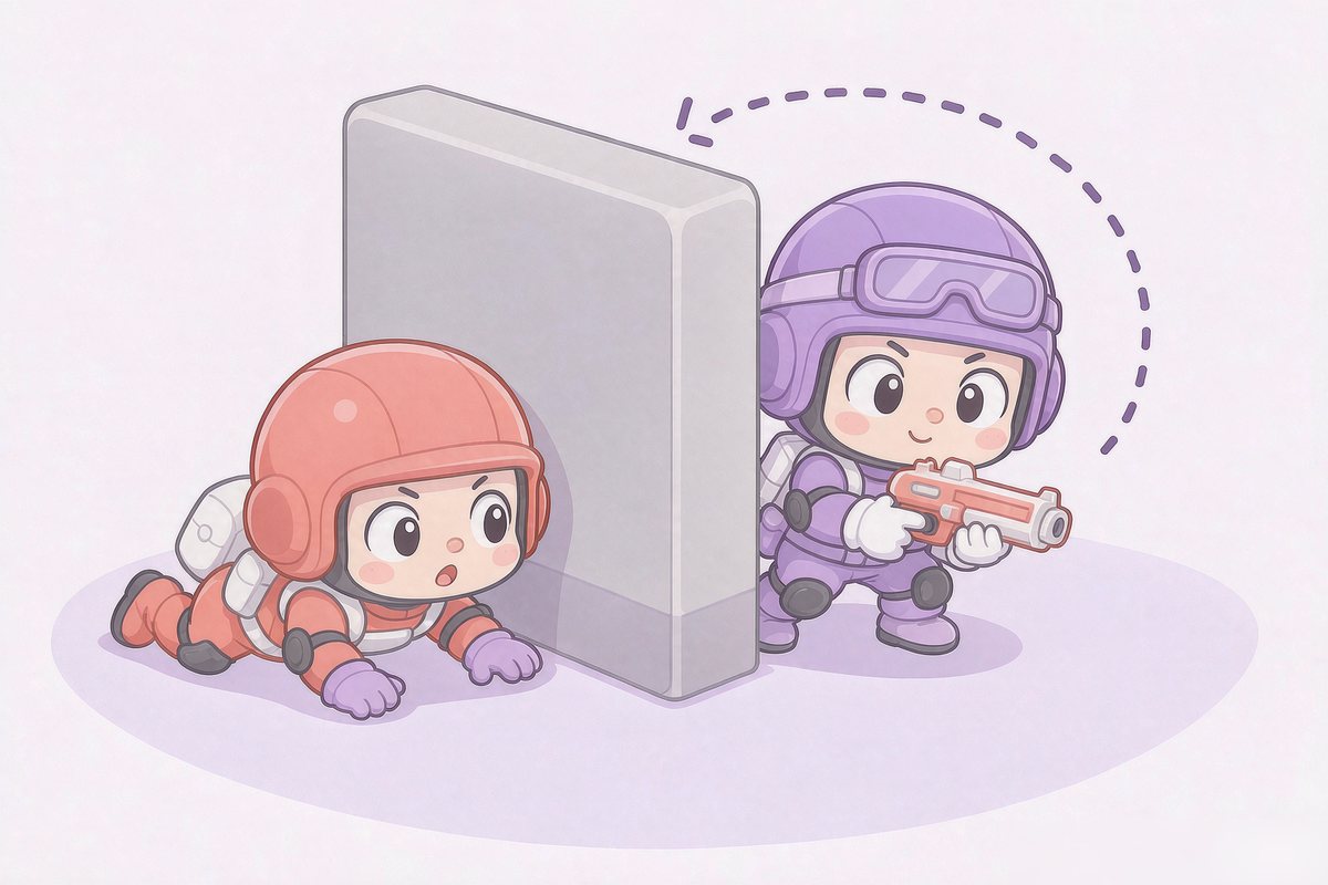 Cute chibi illustration: one character peeks around a wall corner while the defender waits behind cover
